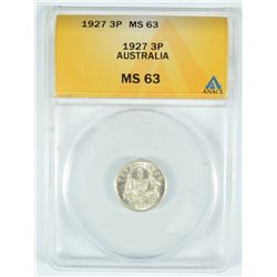 1927 THREE PENCE AUSTRALIA ANACS MS-63