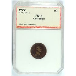 1922 LINCOLN CENT NO D STRONG REVERSE PCI FN 15 CORRODED