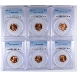 LOT OF (6) LINCOLN CENTS 2- 1954-D PCGS MS65RD, 4- 1958 PCGS MS64RD