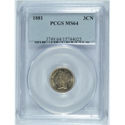 1881 THREE CENT NICKEL PCGS MS-64