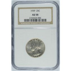 1939 WASHINGTON QUARTER NGC AU-58