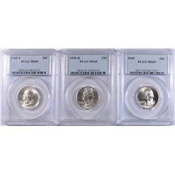 1945 P,D & S WASHINGTON QUARTERS, ALL PCGS MS-65