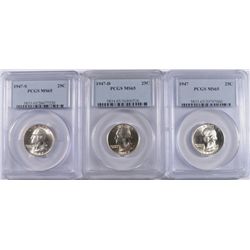 1947 P,D & S WASHINGTON QUARTERS, ALL PCGS MS-65