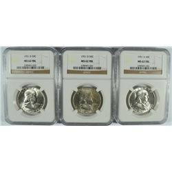 ( 3 ) 1951-D FRANKLIN HALF DOLLARS, NGC MS- 62 FBL