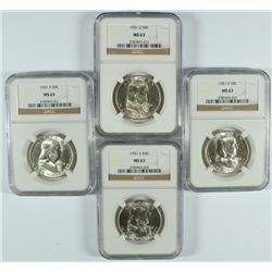 LOT OF ( 4 ) 1951-S FRANKLIN HALF DOLLARS, NGC MS63