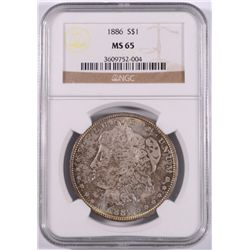 1886 MORGAN SILVER DOLLAR, NGC MS-65, BEAUTIFUL RAINBOW COLORS OBVERSE & REVERSE