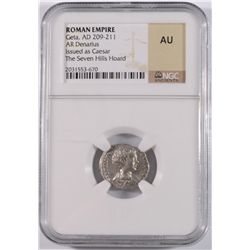 ROMAN EMPIRE ANCIENT SILVER DENARIUS,GETA , A.D. 222-235 ISSUED AS CAESAR NGC AU