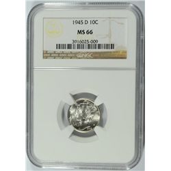 1945-D MERCURY DIME, NGC MS-66 BLAST WHITE!