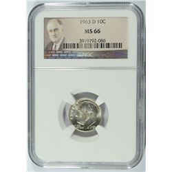 1963-D ROOSEVELT DIME, NGC MS-66