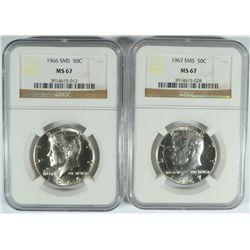 1966 & 1967 SMS KENNEDY HALF DOLLARS, BOTH NGC MS-67