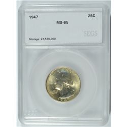 1947 WASHINGTON QUARTER, SEGS MS-65 GEM