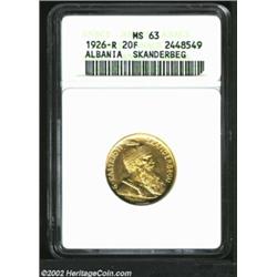 Gold 20 Franga 1926R, George Kastrioti Skanderbeg, KM12, MS63 ANACS, highly lustrous and only a few.