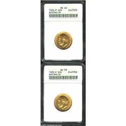 George V Gold Sovereigns 1924P and 1925P MS60 and AU58 ANACS KM29. Both are scarce dates and command