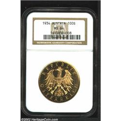 Republic Gold 100 Schilling 1934, KM2842, MS64 NGC, prooflike surfaces. Scarcer final year of type,.