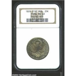 Tyrol. 20 kreuzer 1809, Crowned eagle with head in wreath/Date and value, KM-149, MS63 NGC. Lightly.