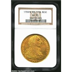 Carlos IV Gold 8 Escudos 1790PR, KM68, Bust of Carlos III, AU55 NGC. A remarkably attractive example