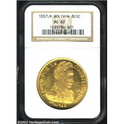 Republic Gold 8 Scudos 1837LM, Bolivar bust right/Sun over mountains and llama, F21, KM99, MS62 NGC.