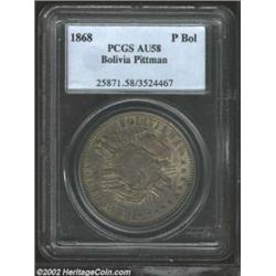 Republic Pattern 1 Boliviano 1868, Similar to K-Pn26, No E Below Condor, AU58 PCGS. An extreme rarit