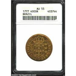 Joseph I Gold 4000 Reis 1777, KM171.4. AU55 ANACS. An attractive example with old-time toning. Impor