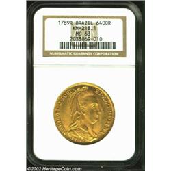 Maria I Gold 6,400 Reis 1789R, KM218.1, MS63 NGC, a bold strike in all areas, with full mint bloom a