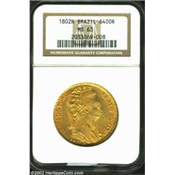 Maria I Gold 6,400 Reis 1802R, Bejeweled Headdress, KM226.1, MS63 NGC, fully frosty with natural red