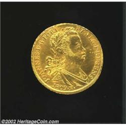 Joao, Prince Regent Gold 6,400 Reis 1809R, KM236.1, Bold AU, very sharp details, cleaned.Ex: Coin Ga