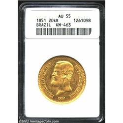 Republic Gold 20,000 Reis 1851, KM463. AU55 ANACS. Important notice: We expect to be auctioning lots