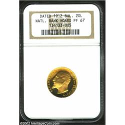 King Ferdinand Gold 20 Leva 1912, National Bank Hoard, KM33, PR67 NGC, there is a pinpoint spot on t