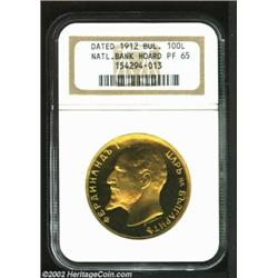 King Ferdinand Gold 100 Leva 1912, National Bank Hoard, KM34, PR65 NGC, spectacular color and contra