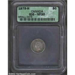 Victoria 5 Cents 1875H Small Date, KM2. Rare variety. VF20 ICG. Important notice: We expect to be au