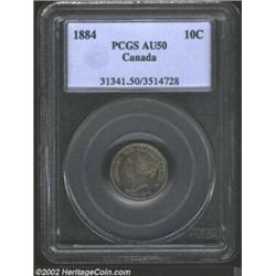 Victoria 10 cents 1884, Laureate bust left/Crowned date and value in wreath, KM-3, AU50 PCGS. Toned.