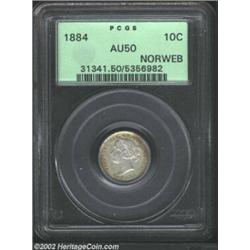 Victoria 10 cents 1884, Laureate bust left/Crowned date and value in wreath, KM-3, AU50 PCGS. Silver