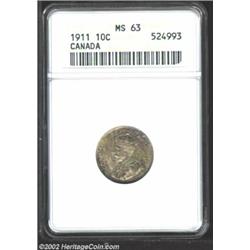 George V 10 Cents 1911, KM17. MS63 ANACS. Attractive toning. Important notice: We expect to be aucti