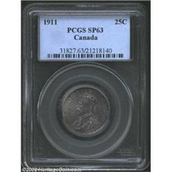 George V Specimen 25 Cent 1911, KM-18, Specimen 63 PCGS. Sharply struck and toned in mottled shades.