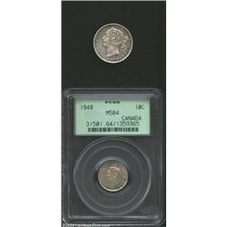 George VI 10 Cents 1948, KM43, MS64 PCGS, and a Newfoundland 20 Cents 1876H, KM4, F-VF. 2 coins Impo