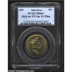 Elizabeth II 50 Cents 2000, Struck on an USA Sacagawea $1 planchet. MS64 PCGS. A rare mint error tha