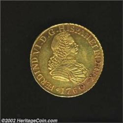 Ferdinand VI Gold 8 Escudos 1760-J, KM20, Choice XF-AU, toned luster, one long flan flaw on the obve