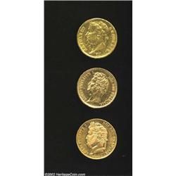 Napoleon Gold 20 Francs 1810A, Louis Philippe I 20 Francs 1831A and 1848A, KM695, 739 and 750. All t