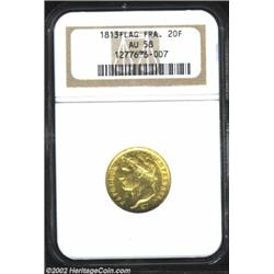 Napoleon Gold 20 Francs 1813 Flag, KM695.11, AU58 NGC, lustrous green-gold surfaces with moderate ci