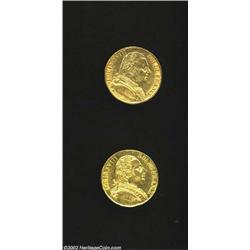 Louis XVIII Gold 20 Francs 1814A and 1815R, KM706.1 and KM707, Both coins are Nearly XF with conside