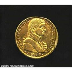 Ferdinand VII Gold 8 Escudos 1809-FJ, KM72, imaginary military bust, Choice XF-AU, fully lustrous an