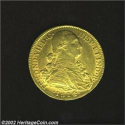 Ferdinand VII Gold 8 Escudos 1814/3NR-JF, KM66.1, incredibly bold overdate! Superb AU-UNC, fully str