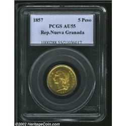 Nueva Granada Gold 5 Pesos 1857, KM120.1, AU55 PCGS. Unusually high condition for this series. Impor