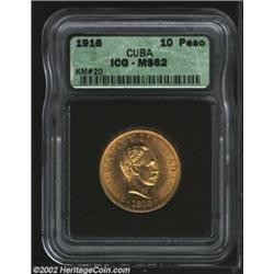 Republic Gold 10 Pesos 1916, KM20. MS62 ICG. An attractive example with excellent luster. Important.