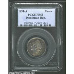 Republic Franco 1891A, KM11, PR63 PCGS. Very rare in Proof, this coin features perfectly toned surfa