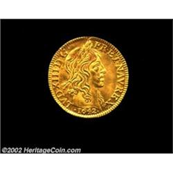 Louis XIII Gold Louis D'or 1642A, KM136.1, Uncirculated, first year of older head type. Somewhat mut