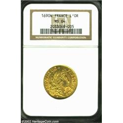 Louis XIIII Gold Louis D'or 1690N, KM278.11, MS64 NGC, quite frosty with a slight overlay of reddish