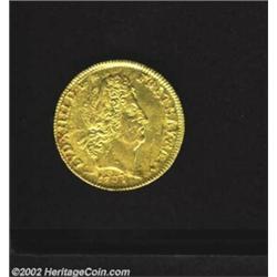 Louis XIIII Gold Louis D'or 1701A, KM334.1, overstruck on an earlier Louis d'Or, Choice XF-AU. From.