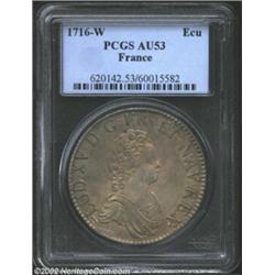 Louis XV Ecu 1716W, KM414.21, AU53 PCGS, well detailed beneath mottled golden-steel patina. Importan