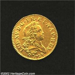 Louis XV Gold Louis D'or 1724K, KM470.10, Uncirculated, lightly cleaned. From the Hans A. Land Colle